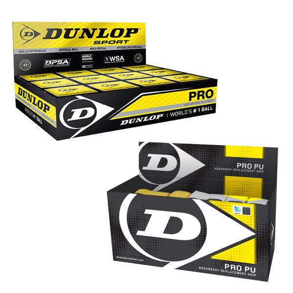 Dunlop Pro Double Yellow Dot Squash Balls And Dunlop PU Replacement Grips Bundle