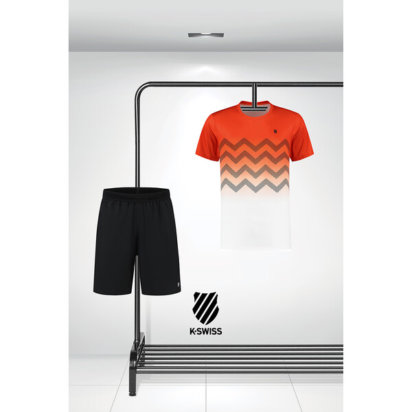 K-Swiss Men's Hypercourt Print Crew Orange And Shorts Outfit